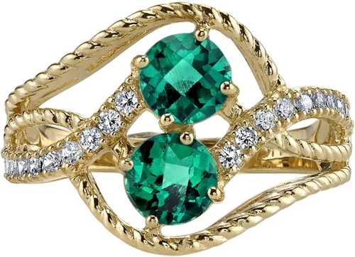 Miniatura 3 de PEORA Anillo de dos piedras de esmeralda creada para mujer, oro amarillo de 14 quilates, forma redonda total de 1 quilate, tallas 5 a 9