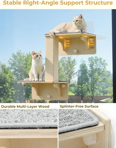 Miniatura 6 de Pecute Estantes dobles para gatos con poste rascador para pared y ventana con madera maciza, ventosa fuerte, alfombrilla de cubierta lavable, cama