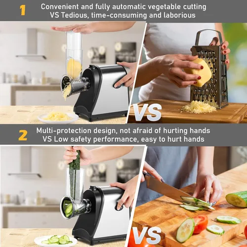Miniatura 3 de Rallador eléctrico de queso, máquina de ensalada con 5 cuchillas diferentes, trituradora eléctrica de 250 W para uso en la cocina del hogar