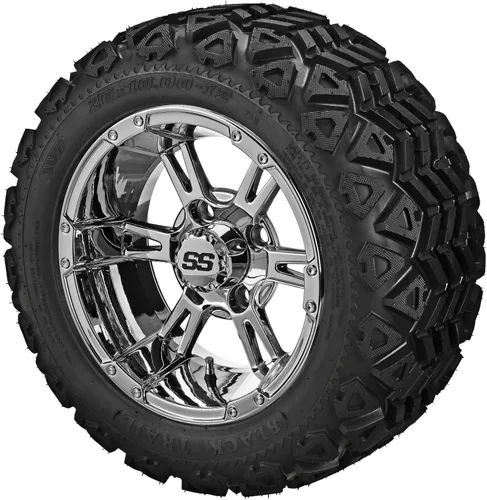 RM Cart 12" Raptor Mirror on a 20x10-12 Black Trail Tire (Set of 4) | Golf Cart Tires and Wheels Combo with Standard Lug Nuts acabado de espejo