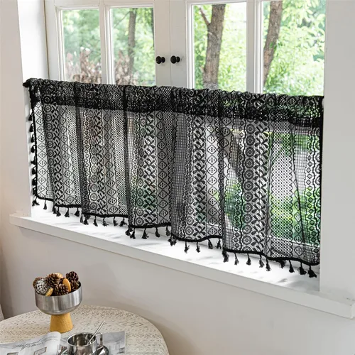 Miniatura 2 de Deeprove - Cenefa de cortina bohemia negra de 18 pulgadas de largo para cocina y cafetería, cortina corta bohemia de encaje transparente de crochet
