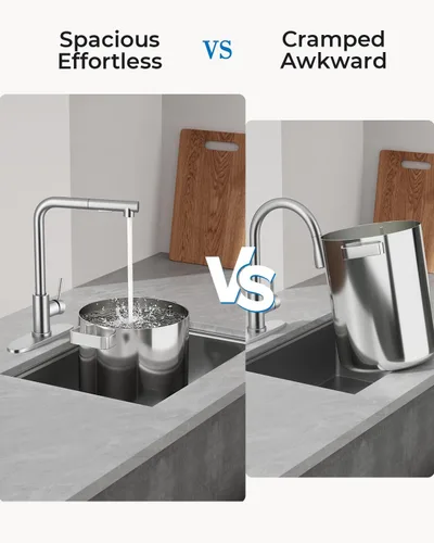 Miniatura 4 de WEWE Grifo de cocina de acero inoxidable de 14.5 pulgadas de alto con rociador extraíble, grifo de fregadero giratorio de 360° de níquel cepillado