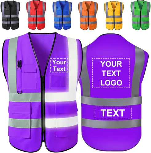 Miniatura 10 de Chaleco de seguridad personalizado con logotipo, texto, nombre, alta visibilidad, bolsillos y cremallera, a granel para mujeres y hombres Rojo