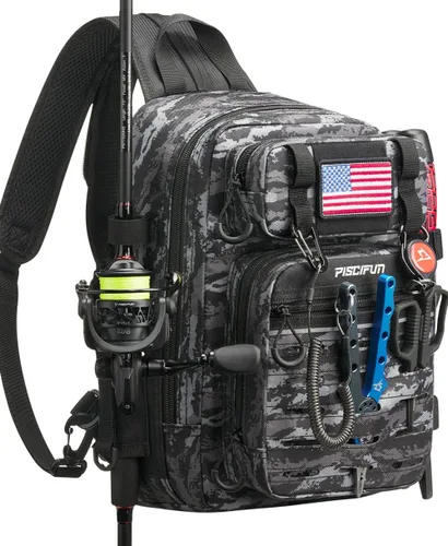 Miniatura 14 de Mochila Piscifun impermeable, de un solo hombro para almacenar los aparejos de pesca. Bolsa de correa cruzada multifuncional para camping, Doble