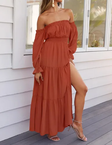 Miniatura 46 de ZESICA - Vestido largo, bohemio y sexy, con hombros descubiertos y manga larga fruncida, con elástico fruncido, cintura alta y abertura lateral
