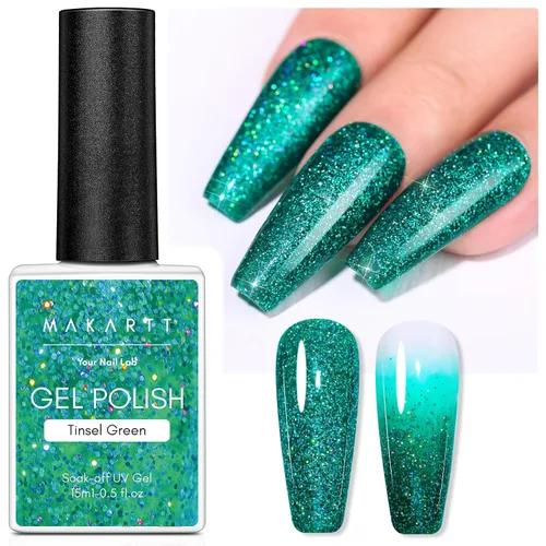 Miniatura 18 de Makartt Juego de esmaltes de uñas de gel con purpurina navideña - 2 piezas de 15ml (0.51 onzas líquidas), gel brillante, removible con UV