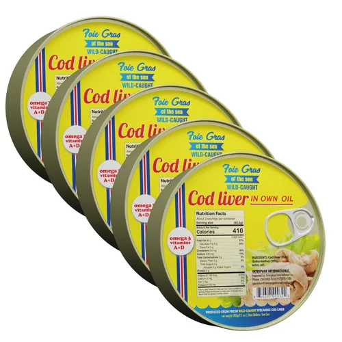 Foie Gras of the Sea Hígado de bacalao capturado en la naturaleza islandés (Foie de Morue) en aceite propio, 7.1 onzas, paquete de 5 – Omega-3