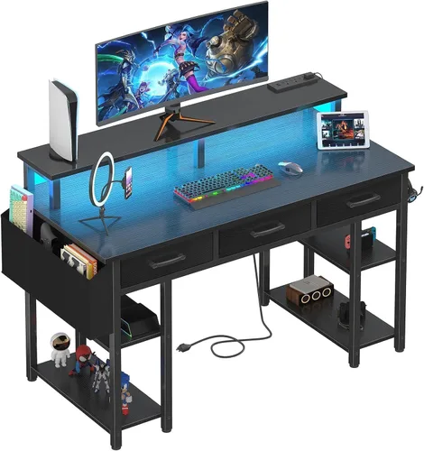Lufeiya Escritorio para juegos con luces LED y tomas de corriente, escritorio de oficina en casa de 47 pulgadas con soporte para monitor y estantes,