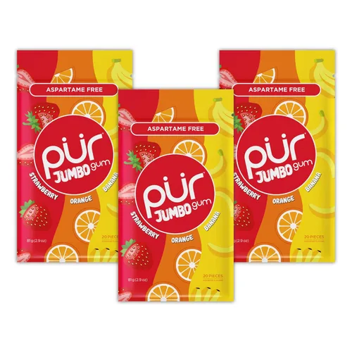 PUR - Goma de mascar jumbo sin aspartamo, 100% xilitol, fresa natural, plátano, sabor naranja, 20 unidades (paquete de 3)