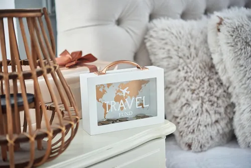 Miniatura 5 de Caja de dinero de sombra para ahorro de viaje - Banco de monedas para adultos - Tarro de vacaciones - Caja de ahorro blanca con asa - Fondo de luna