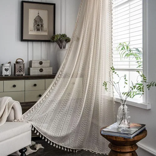 Cortinas de punto de ganchillo vintage hechas a mano para ventana, estilo bohemio, elegante, de algodón y lino, cortina de encaje para dormitorio,