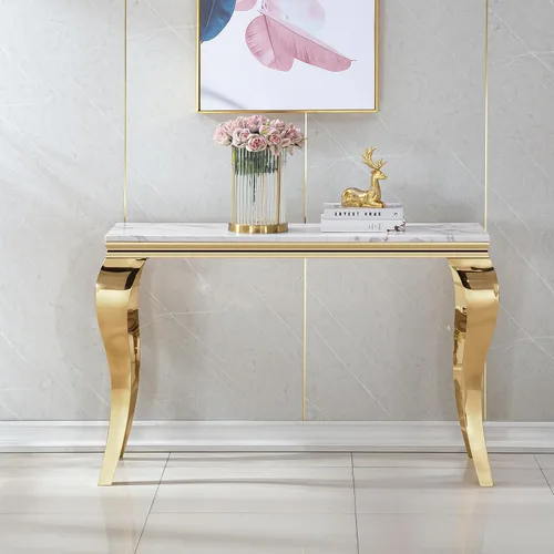 Miniatura 11 de Mesa consola moderna de cristal, mesa de sofá dorada de 55 pulgadas con marco de metal resistente y parte superior de vidrio templado negro