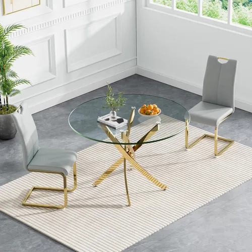 Miniatura 65 de Juego de mesa de comedor redonda de 3 piezas para 2, mesa de cocina moderna de vidrio plateado y sillas para 2 con sillas tapizadas, juego de mesa