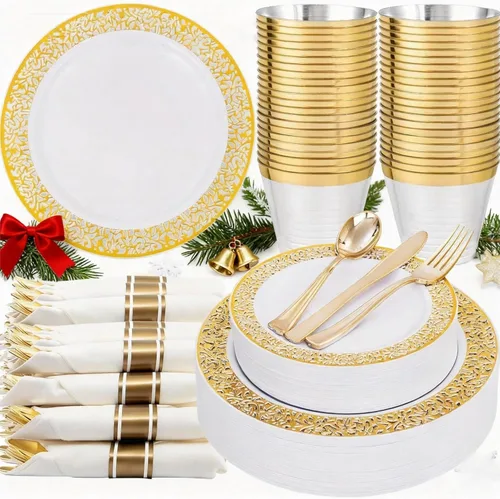 Miniatura 17 de WELLIFE 350 platos de plástico de oro rosa para 50 invitados, juego de vajilla de plástico, suministros para fiestas incluye 100 platos de oro rosa
