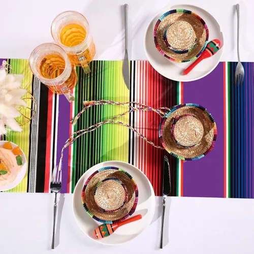 Miniatura 4 de Preboun 6 piezas de camino de mesa mexicano de plástico Dia De Los Muertos Serape Camino de mesa 14 x 108 Fiesta mexicana colorido a rayas