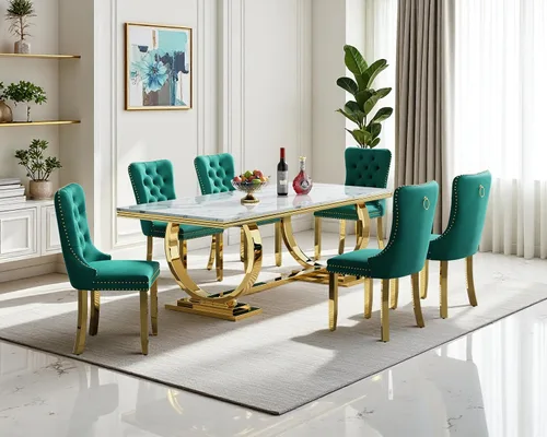 Miniatura 69 de Moderno juego de mesa de comedor de mármol sintético de 68.11 pulgadas para 6, mesa de comedor de mármol blanco y plateado con 6 sillas de Blanco