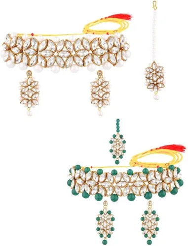 Efulgenz Indian Jewelry Crystal Choker Faux Pearl Floral Necklace Earrings Maang Tikka Bollywood Wedding Bridal Jewelry Set for Women