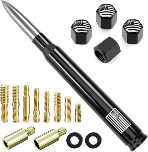 Miniatura 18 de Antena de camión para automóvil con tapas de válvula de neumáticos, bandera estadounidense, repuesto corto universal para GMC Sierra, Chevy, Negro