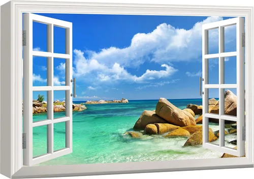 Miniatura 12 de wall26 - Cuadro en lienzo para pared, vista de ventana, atardecer neón, cielo, palmera tropical, playa, naturaleza, desierto, fotografía, realismo