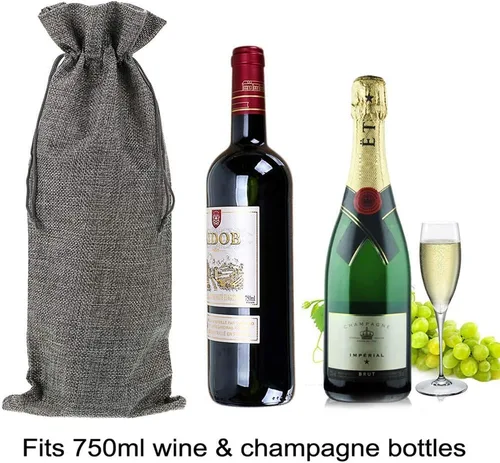 Miniatura 6 de 10 bolsas de vino de arpillera, bolsas de regalo de lino reutilizables con cordón para botellas de licor, bolsas de champán para degustación de Gris