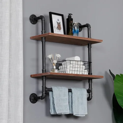 Miniatura 7 de Estante industrial de tubería para baño, estantes de pared montados en la pared, 2 niveles de 19.6 pulgadas de madera rústica, decoración flotante