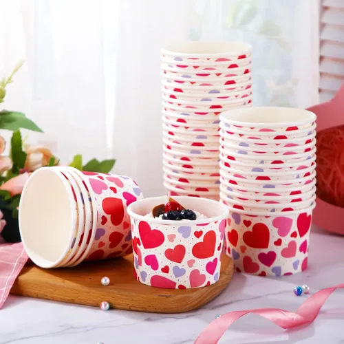 Miniatura 2 de Shellwei 100 cuencos de papel de helado para el día de San Valentín de 9 onzas a granel, tazas de aperitivos con corazón rojo, tazones de postre