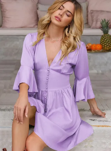 Miniatura 4 de Mini vestido casual de verano para mujer, vestido con botones, manga corta, cintura alta, longitud hasta la rodilla, vestido de túnica liso fruncido