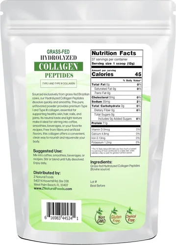 Miniatura 2 de Z Natural Foods Polvo de péptidos de colágeno – Colágeno hidrolizado alimentado con pasto tipo 1 y tipo 3 sin sabor – para piel, cabello, uñas