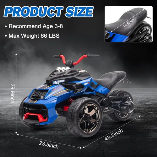 Miniatura 4 de Motocicleta eléctrica para niños de 12 V, rueda eléctrica de 3 ruedas, con luces LED, neumáticos EVA, velocidad alta y baja, bocina, música, azul