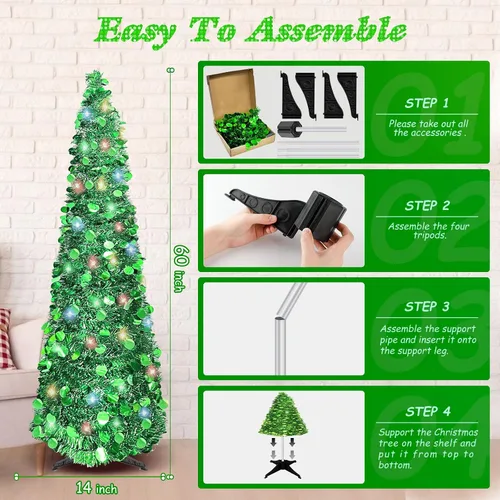 Miniatura 5 de Árbol de Navidad de 5 pies tipo lápiz, árbol artificial plegable con lentejuelas, árbol de Navidad tipo lápiz delgado con escarcha, árbol de Navidad