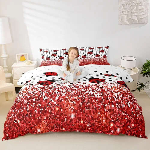 Miniatura 49 de Juego de funda de edredón con lazo de dibujos animados para niños, tamaño individual, juego de ropa de cama de mariquita, escarabajo, insecto