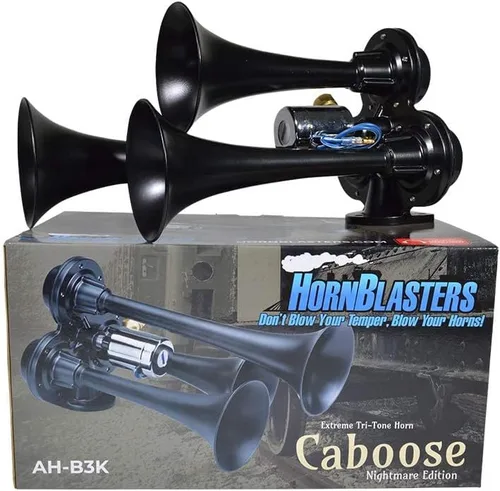 Miniatura 4 de Hornblasters Stealth Black Caboose - Bocina de aire de 12/24 voltios solamente - 3 trompetas - tono único