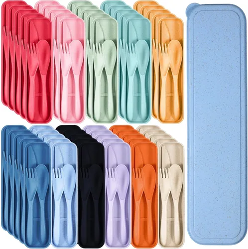 Miniatura 10 de Yahenda 28 Juegos de Utensilios de Viaje Reutilizables con Estuche, Cubiertos de Paja de Trigo Portátiles, Cuchara Cuchillo Tenedor, Vajilla