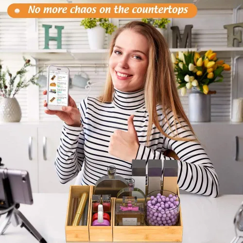 Miniatura 4 de Organizador de cajones de bambú portautensilios para cocina, organizador de almacenamiento de cubiertos de madera pequeña, bandeja de caja apilable