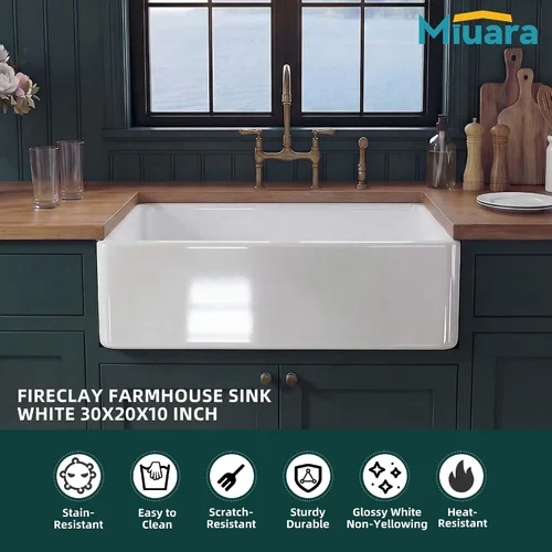 Miniatura 2 de Miuara Fregadero de Granja 30 Pulgadas - Fregadero de Cocina Delantal Blanco Montado Inferior Reversible 30"x20"x10", Estilo Casa de Granja Tazón