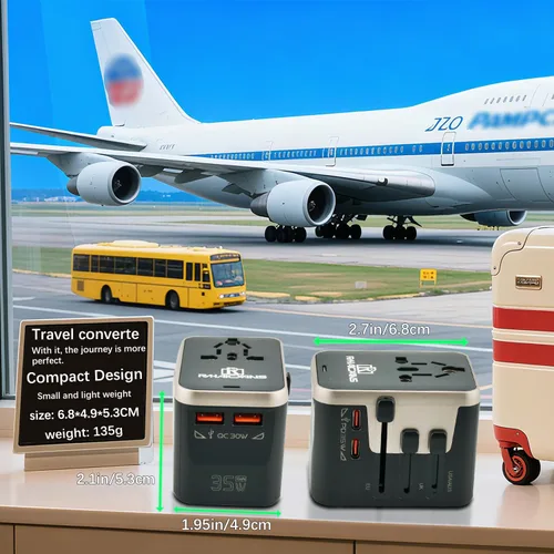 Miniatura 7 de Adaptador de viaje mundial de 35 W, adaptador de corriente internacional 4 en 1 con 2 puertos USB-C y 2 puertos USB-A, salida de CA todo en uno