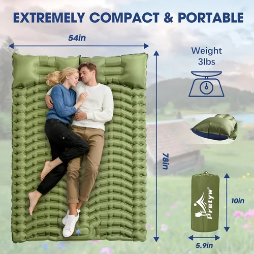 Miniatura 4 de Colchoneta doble para acampar – Colchón de aire ultraligero con almohadas, bomba de pie integrada, alfombrilla portátil inflable compacta para 2