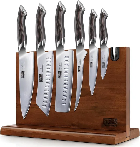HOSHANHO Juego de 7 piezas de cuchillos de cocina, juego de cuchillos de acero inoxidable de alto carbono japonés con bloque magnético, juegos de