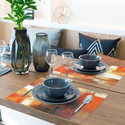 Miniatura 5 de Juego de 4 manteles individuales de arte moderno, color azul y gris, manteles individuales de lino lavables para cocina, mesa de comedor, hogar