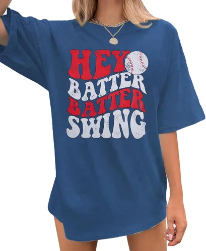 Camiseta de béisbol para mujer, camisetas de béisbol de gran tamaño Hey Batter Batter Swing Graphic Tee Ballpark Gift Tops de manga corta