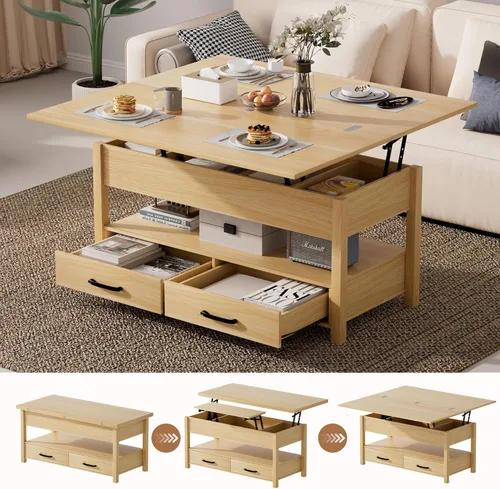 Miniatura 11 de SYESWAY Mesa de Centro Elevable de 39.4" con Estación de Carga, Mesa de Centro Multifuncional 4 en 1 con Almacenamiento y Compartimentos Ocultos
