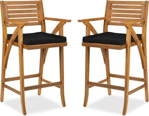 Best Choice Products Juego de 2 taburetes de bar de madera de acacia para exteriores, sillas de bar para patio, piscina, jardín con cojines Negro