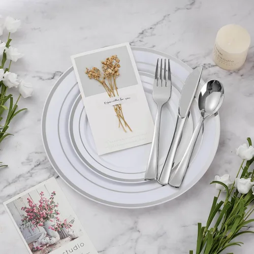 Miniatura 2 de BESTVIP Juego de vajilla plateada de 600 piezas para 100 invitados, platos de plástico para fiestas, 100 platos desechables plateados, 100 platos