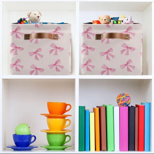 Miniatura 7 de Cesta de almacenamiento plegable con lazo rosa, impermeable, con asas de cuero, para clósets, oficinas, dormitorios, cestas de regalo, 1 unidad