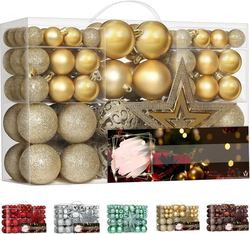 Juego de 101 adornos de bolas de Navidad, juego de lujo para decoración de árbol de Navidad y cuerda para colgar, bolas de Navidad de Emopeak – Mini