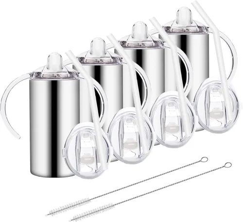 Miniatura 9 de Vasos para sorber de acero inoxidable de 12 onzas para niños pequeños con asas, a prueba de derrames, doble pared aislada al vacío, vasos de paja