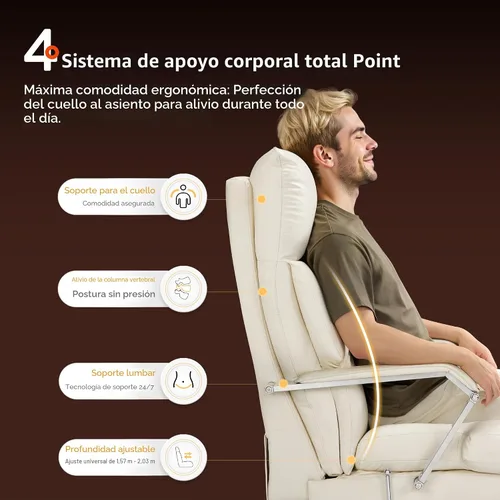 Miniatura 6 de OKUP M76 - Silla de oficina ejecutiva reclinable de 160° con reposapiés, silla de oficina de cuero con profundidad de asiento ajustable, cojín Crema