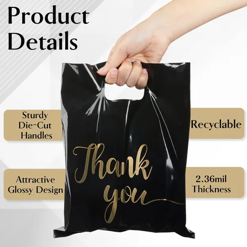 Miniatura 4 de Paquete de 100 Bolsas de Compras Negras de Agradecimiento para Pequeñas Empresas - 9"x12" Extra Gruesas 2.36 Mil Bolsas de Agradecimiento de Negro
