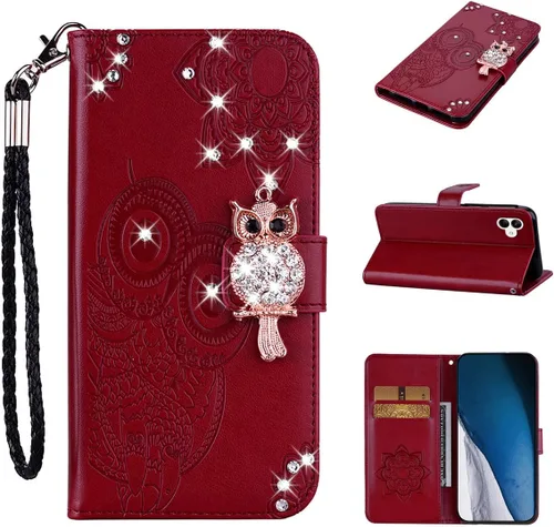 Miniatura 4 de CCSmall Funda para Samsung Galaxy A04 con soporte para tarjeta de crédito, con purpurina y diamantes de imitación de piel sintética para Samsung Rojo