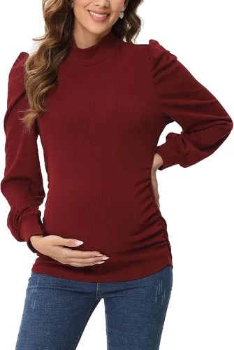Camiseta de maternidad de punto acanalado para mujer, casual, cuello alto, manga larga, fruncida, túnica para mujeres embarazadas